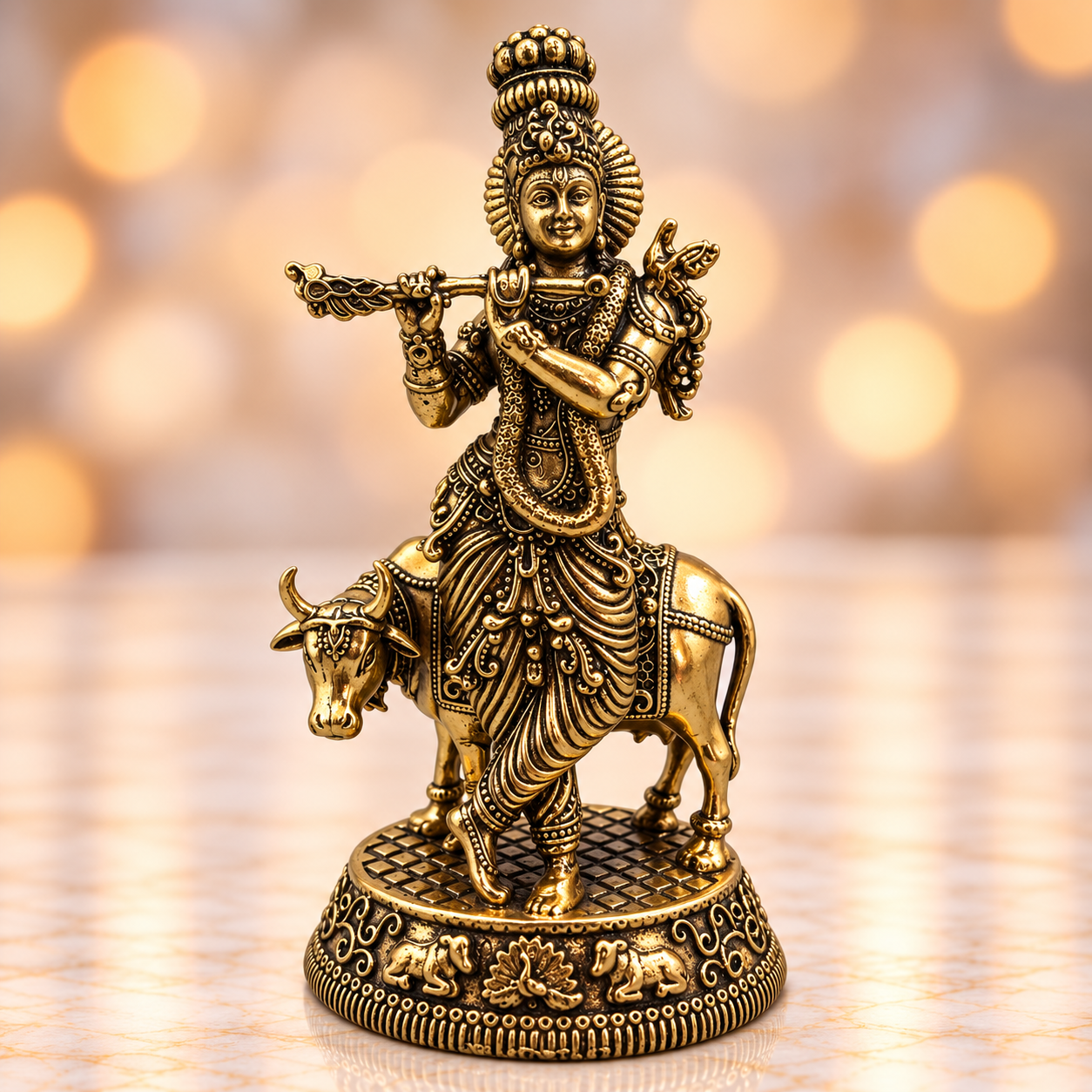 Brass standing krishna cow and calf idol 8"