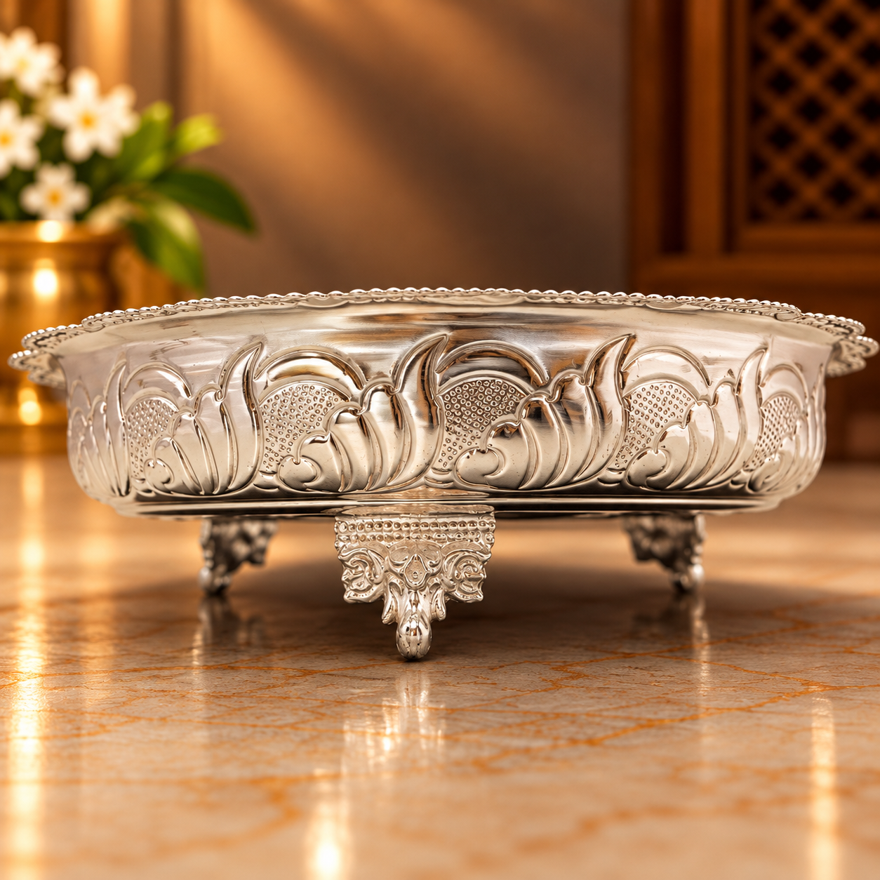 GS Flower nakshi plate with Elephant legs 9"