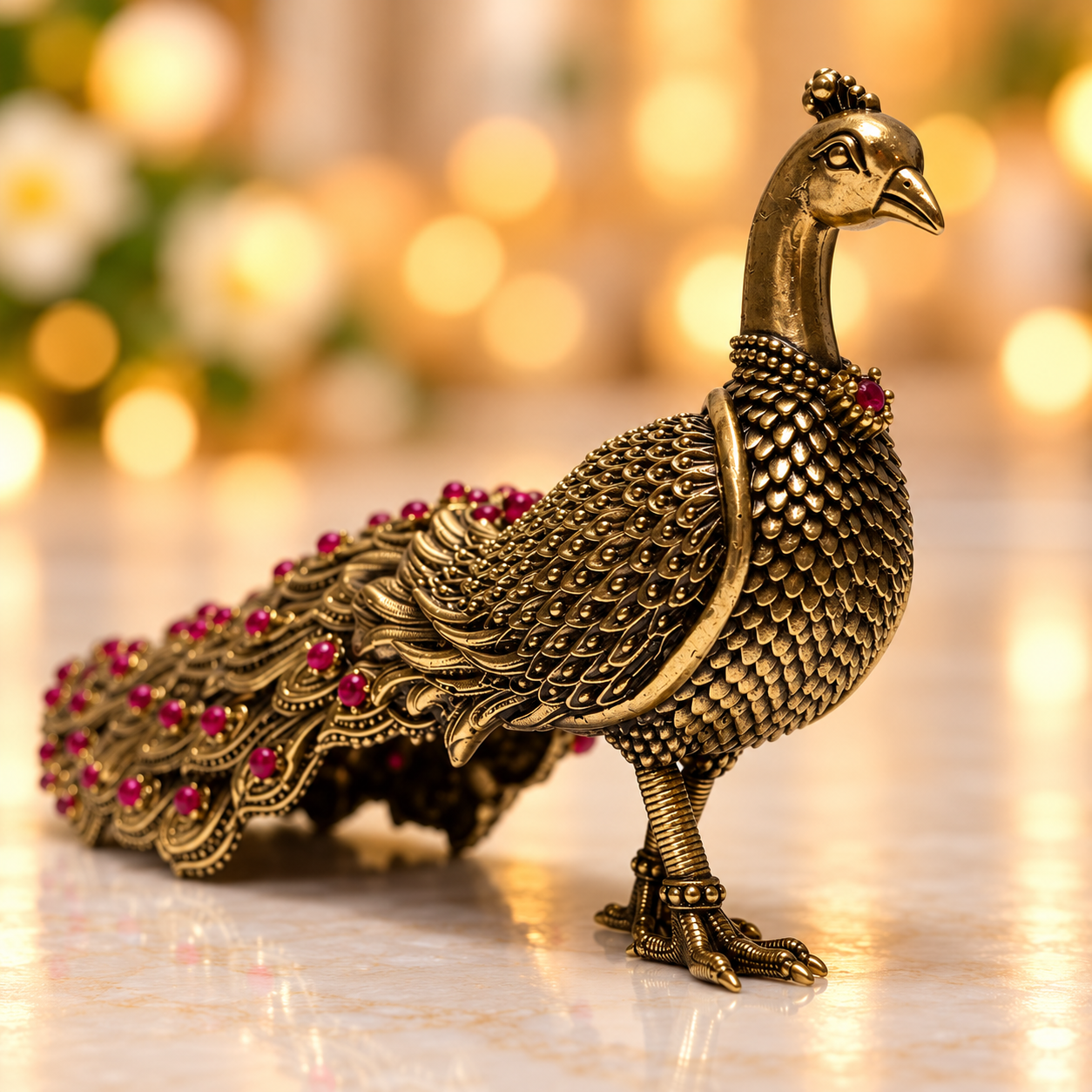 Brass Ruby stone peacock idol 6"