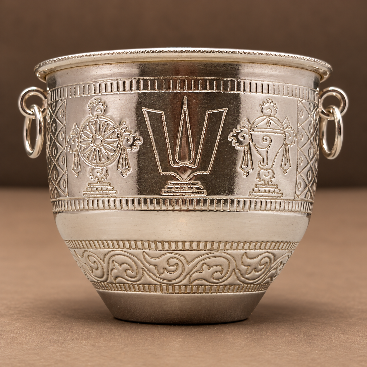 GS Shanku chakra namam cone shaped bowl with rings 4"