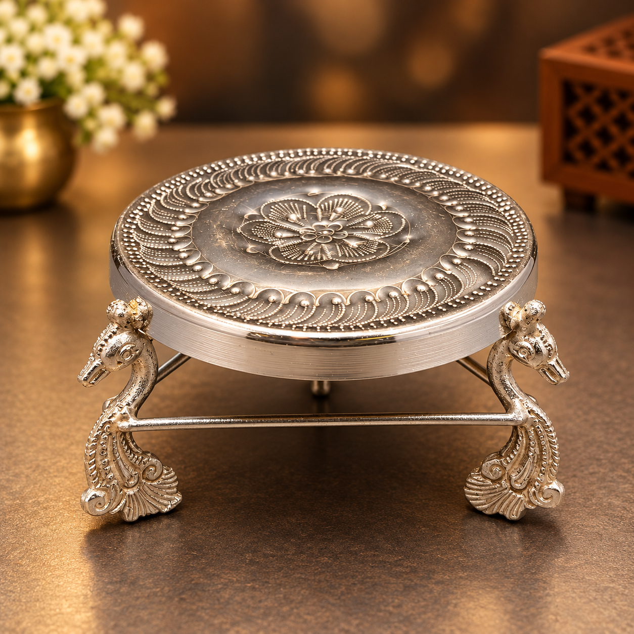 German Siver Mukkali stand with peacock legs 4"