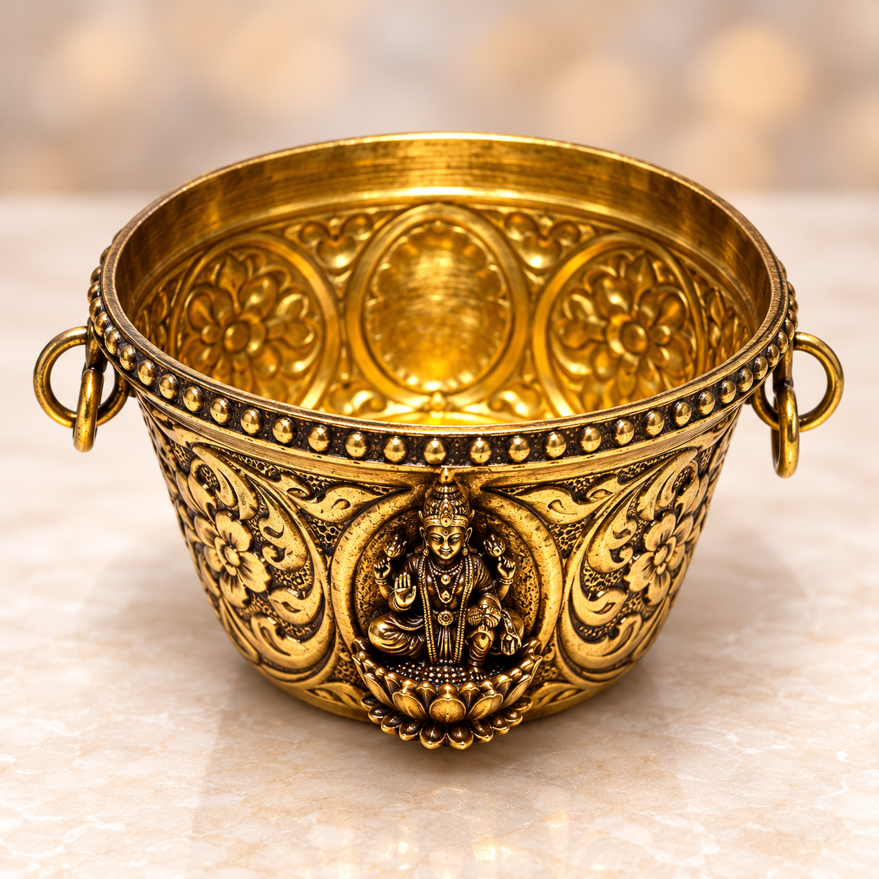 Brass Flower Nakshi Balaji lakshmi bowl with rings 4 "