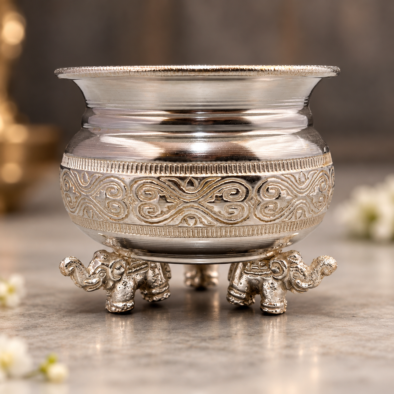 GS Laser Enraving kumkum bowl with elephant leg 3.2" M2-135G