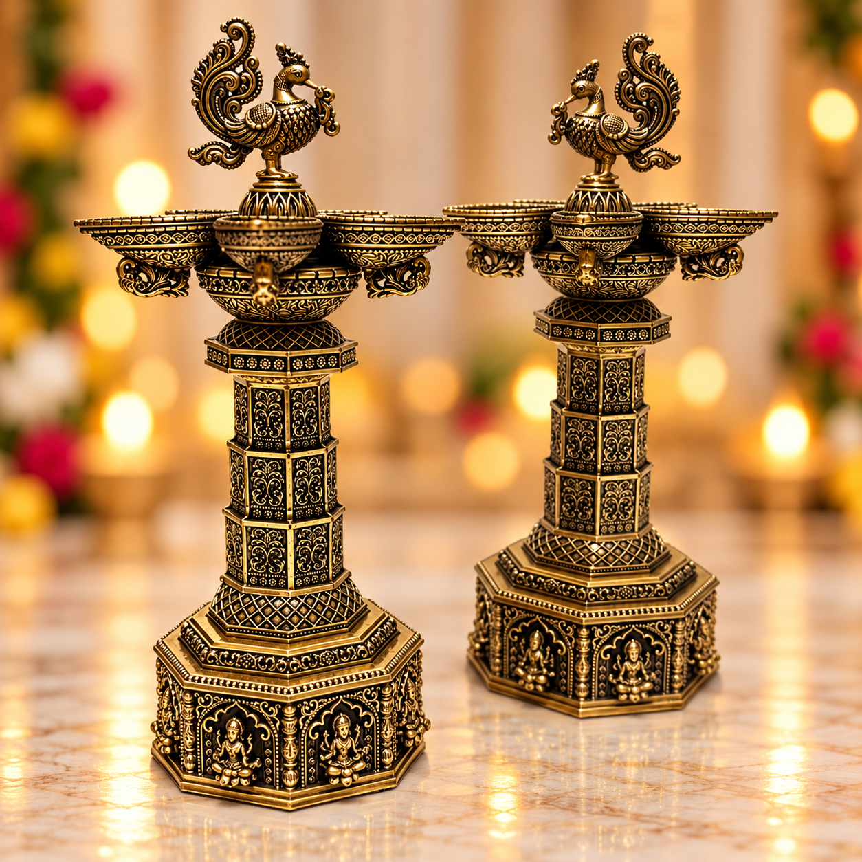 Brass 3d peacock step deepam pair panchdiya Ashtalakshmi base 14"