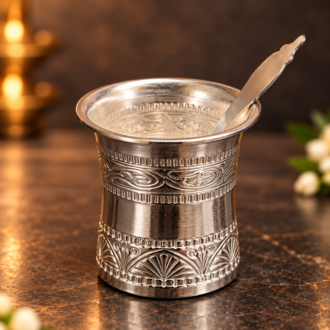 German Silver Engraving work panchapatra 3"