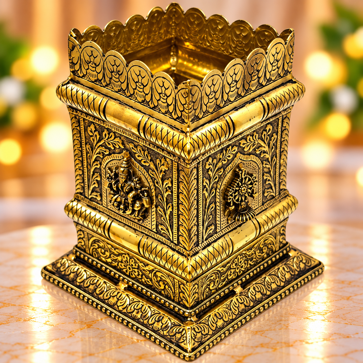 Antique Brass Square Tulasi Pot 8/10 Inch